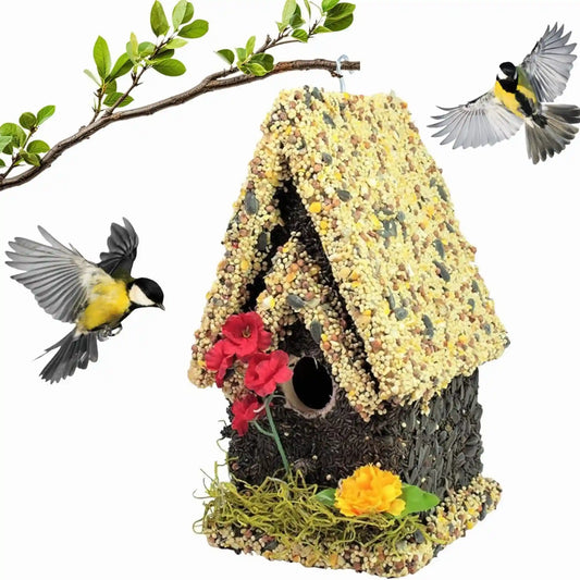 edible birdhouse covered in bird seed
