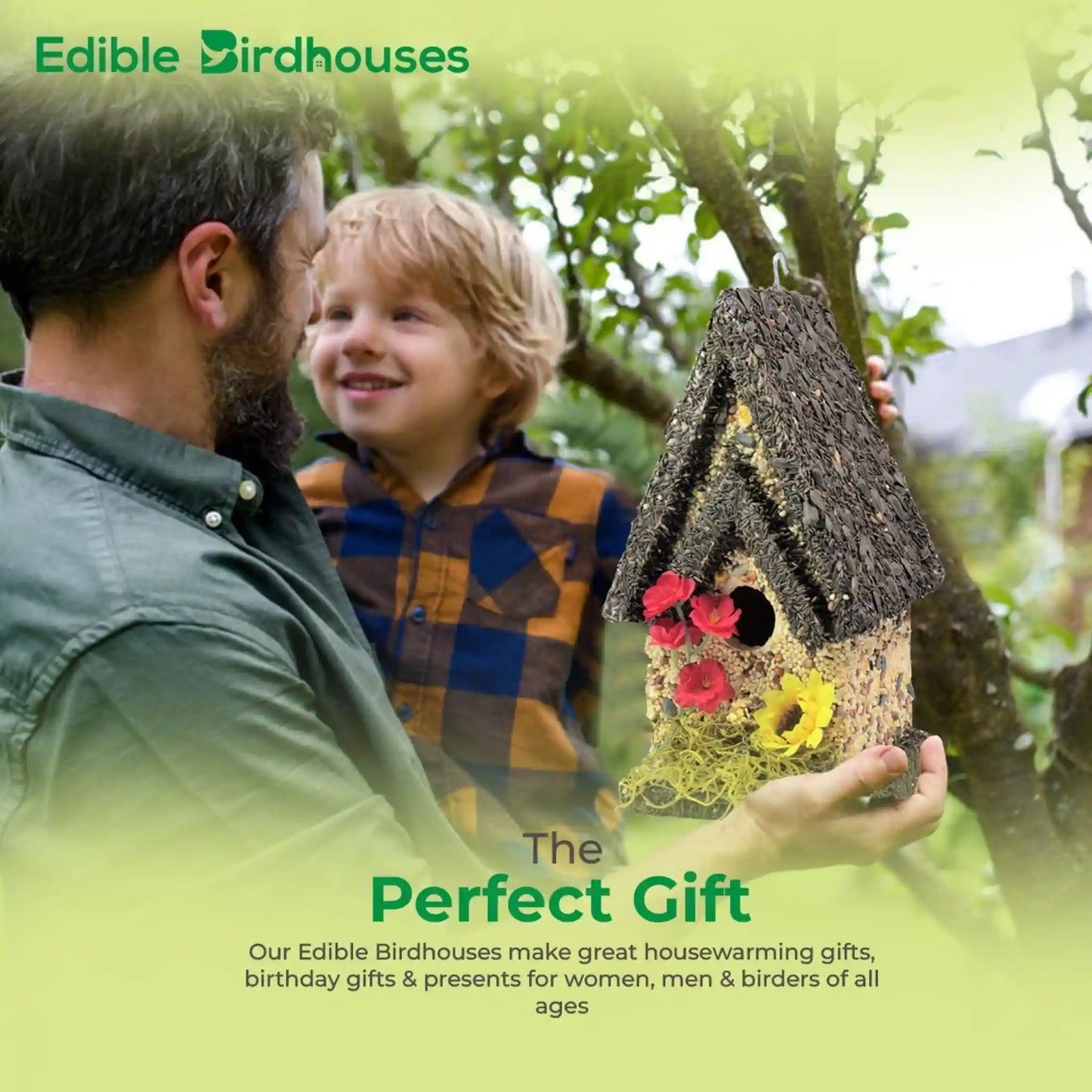 edible birdhouse covered in bird seed