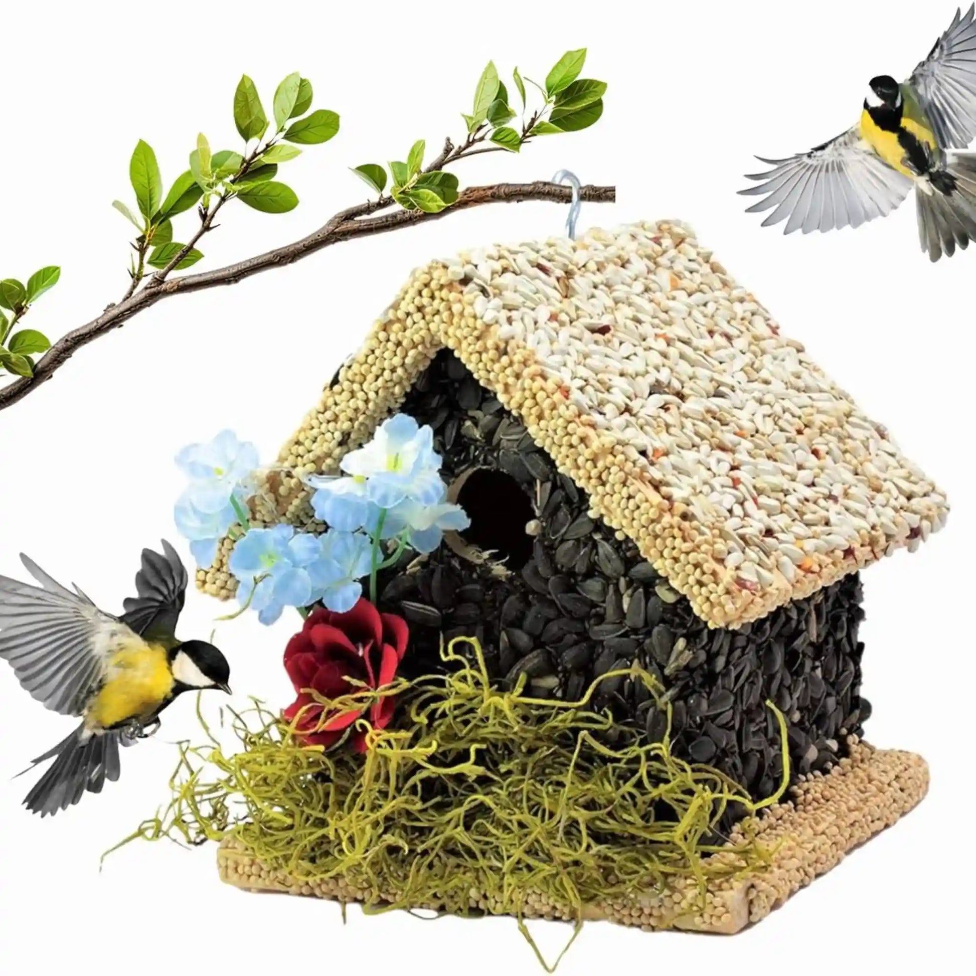 edible birdhouse covered in bird seed