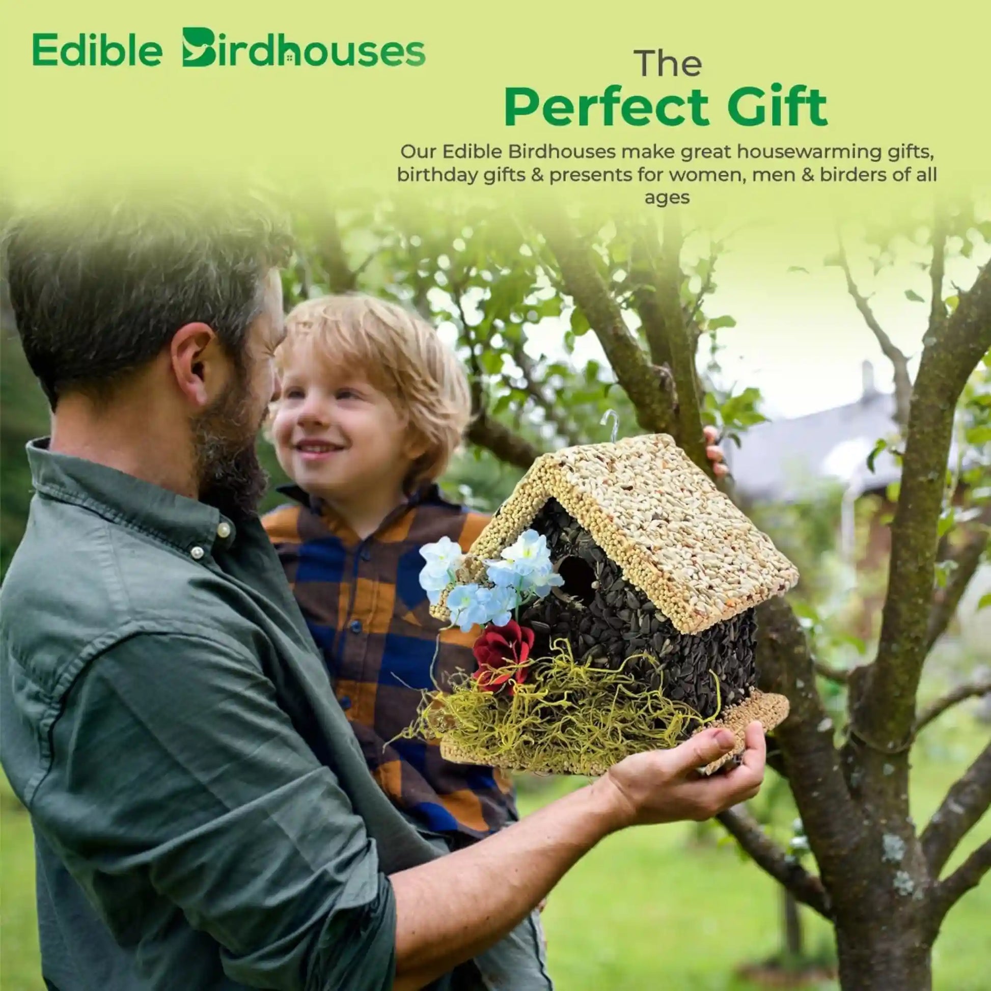 edible birdhouse covered in bird seed