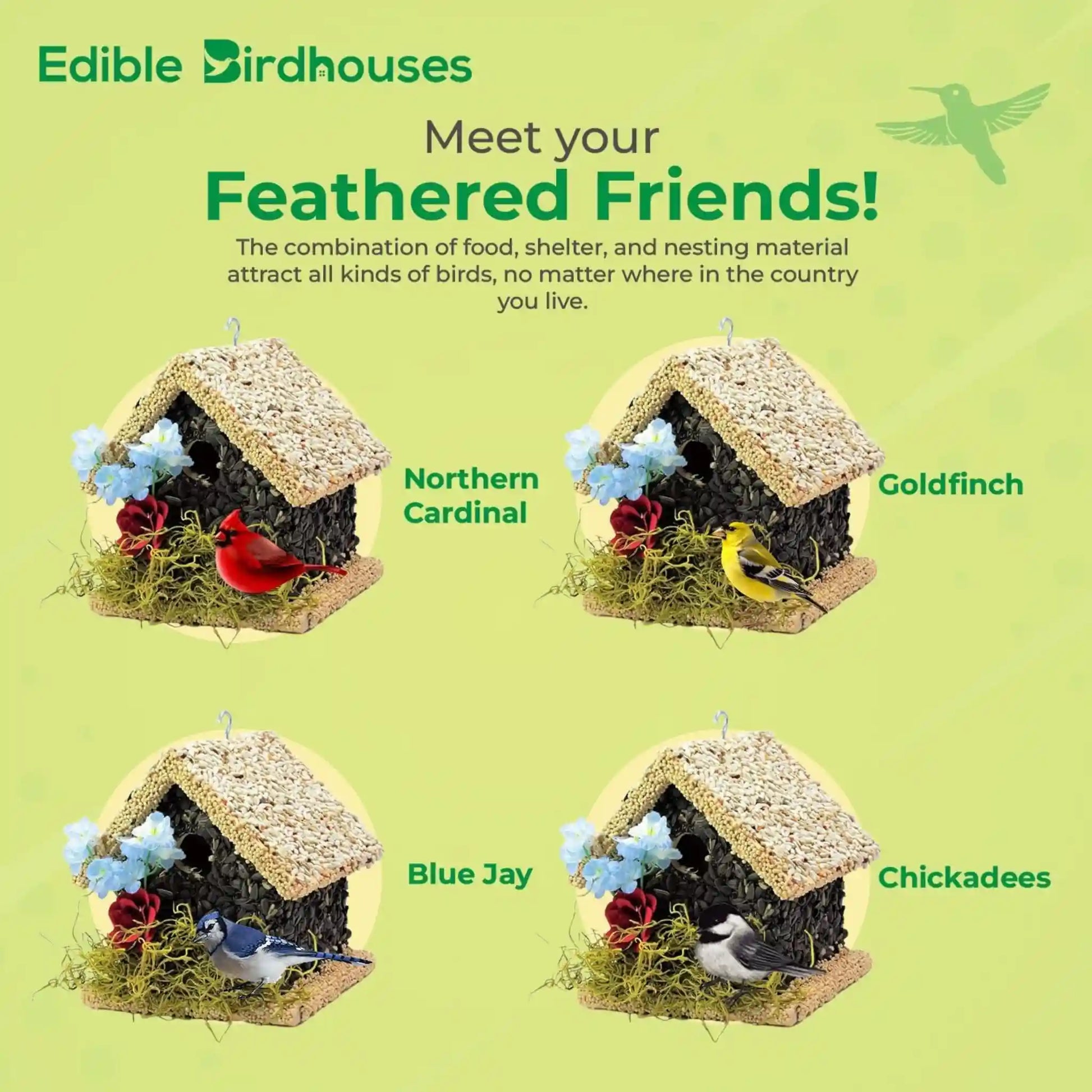 Edible birdhouse made of birdseed with sunflower accents, perfect for attracting birds like finches and chickadees