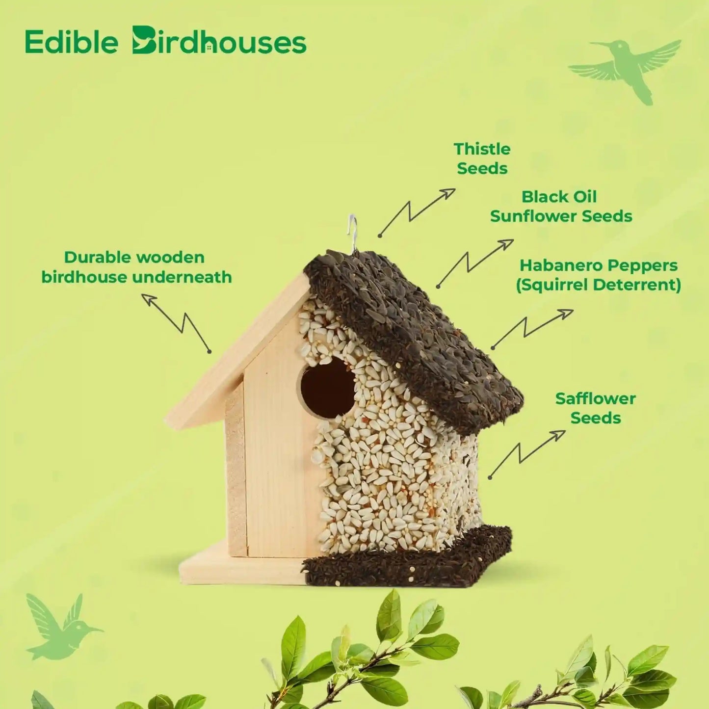 Eco-friendly wooden birdhouse covered in bird seed and coated in squirrel-resistant spicy seed