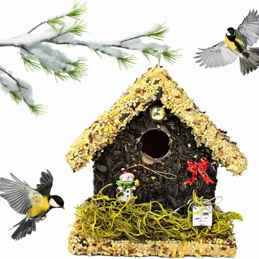 Christmas Edible Birdhouse - Light Roof, Short Birdhouse Covered in Bird Seeds