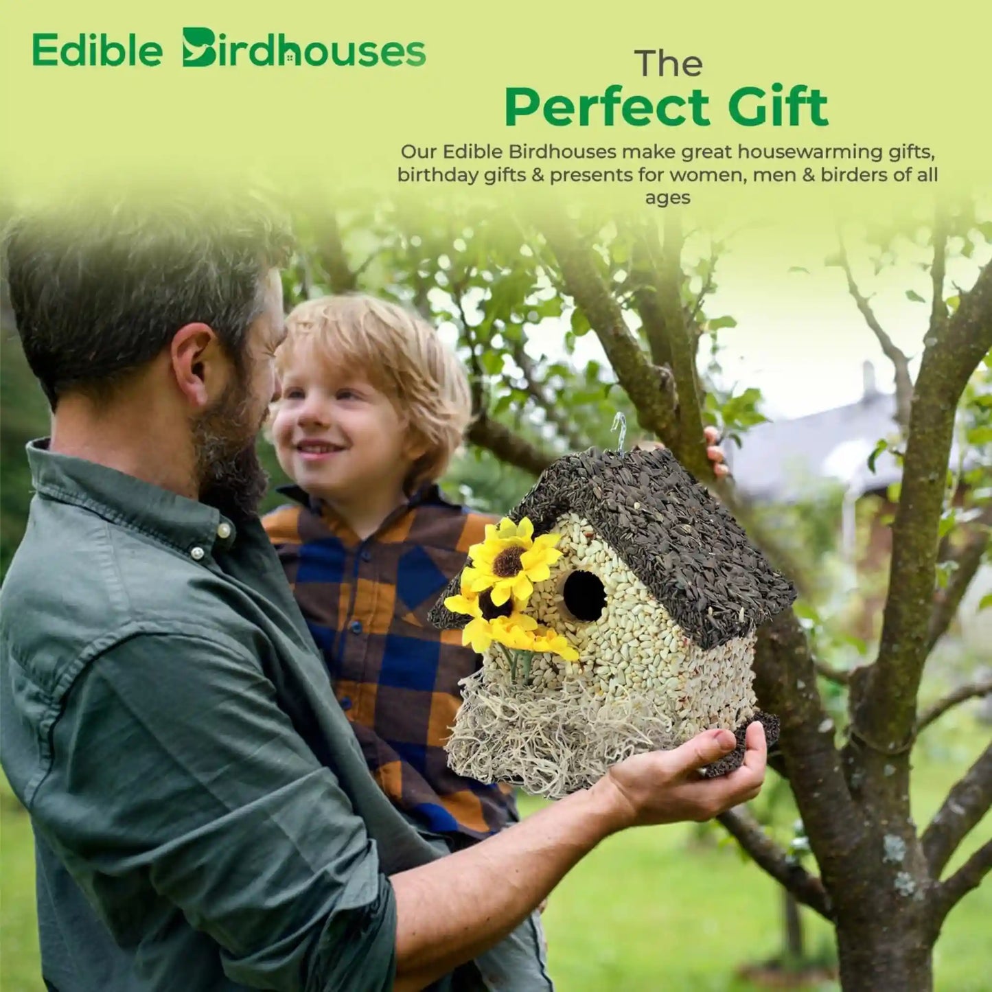 edible birdhouse covered in bird seed