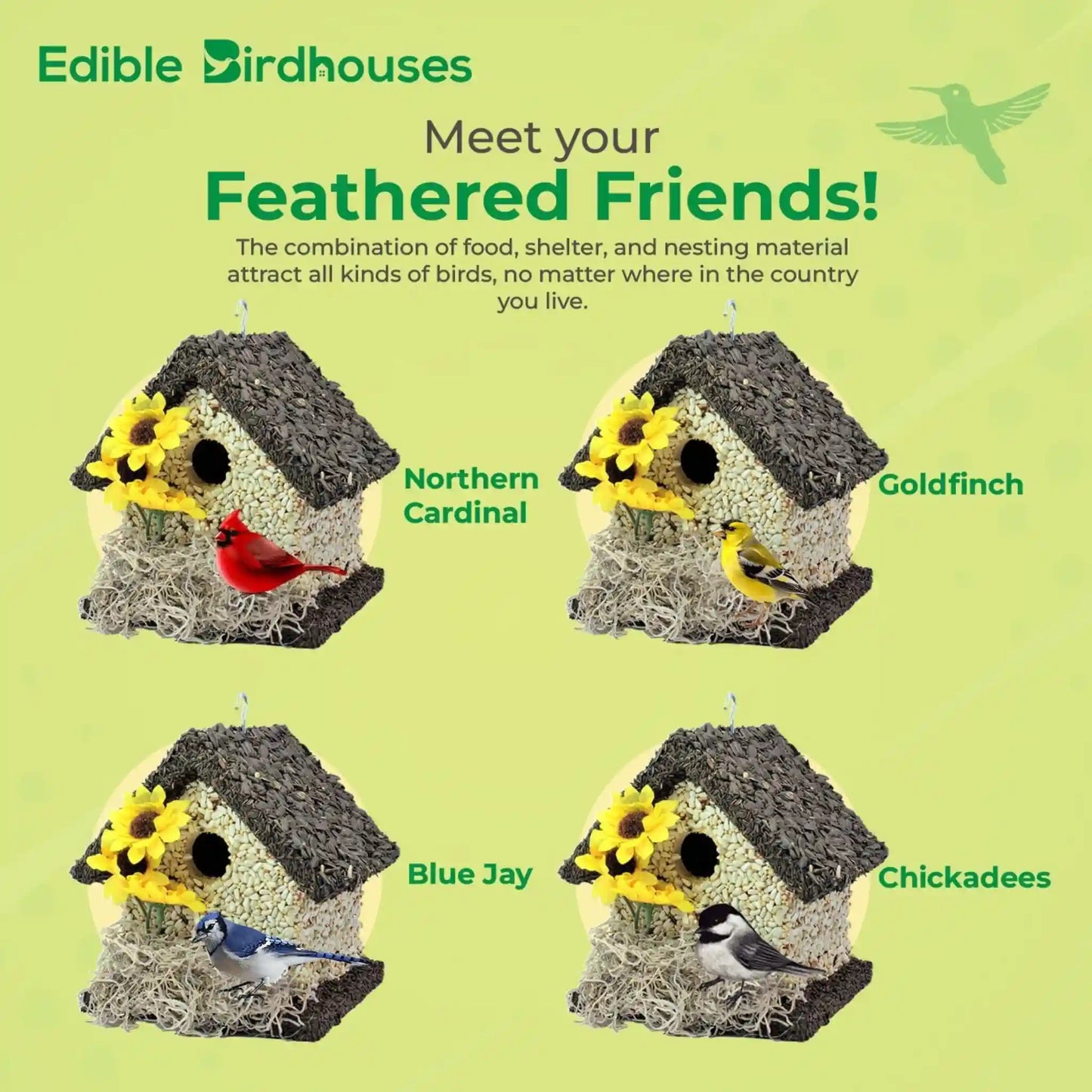 Edible birdhouse made of birdseed with sunflower accents, perfect for attracting birds like finches and chickadees