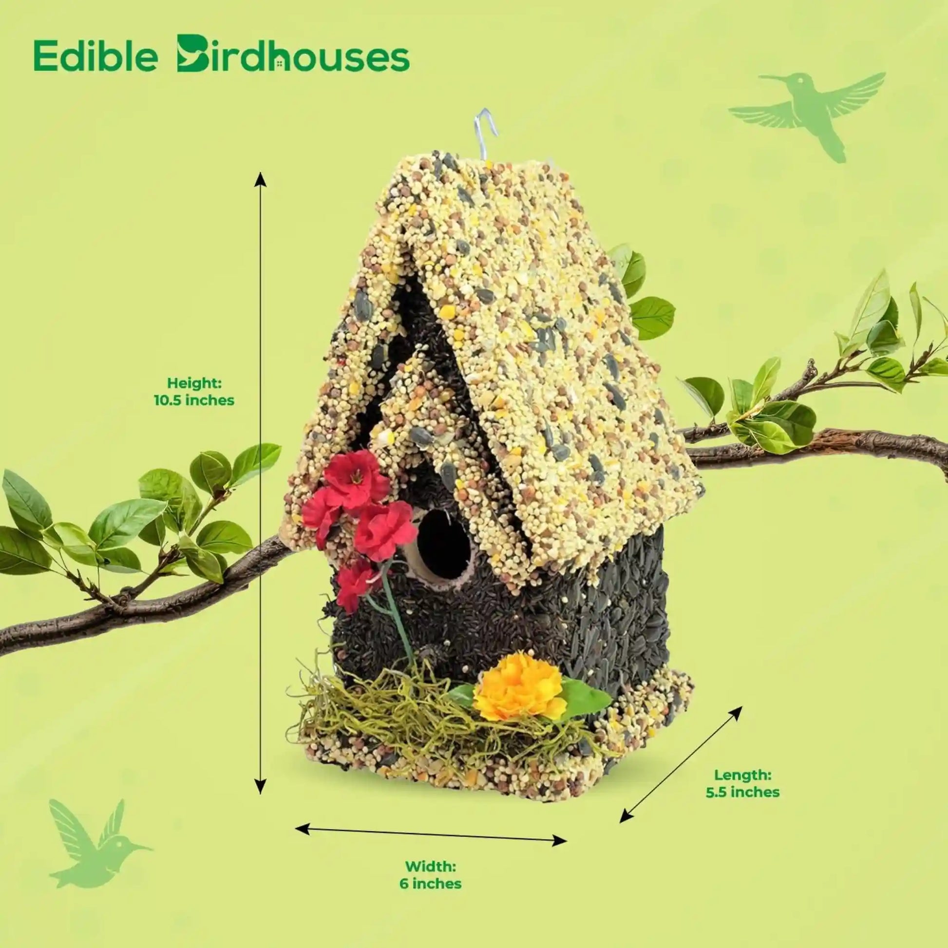 Tall bird house light roof covered in bird seed and decorated with flowers