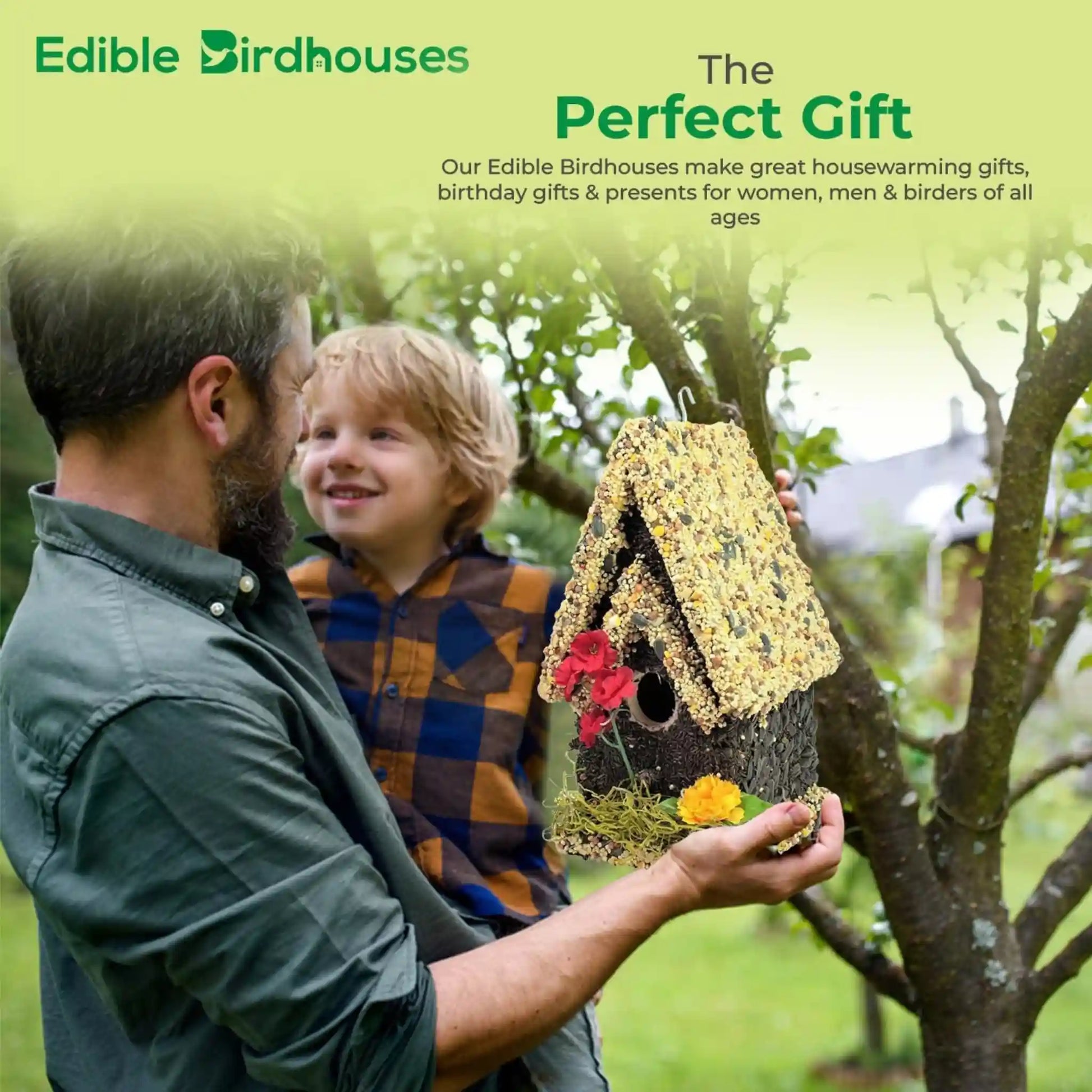 edible birdhouse covered in bird seed