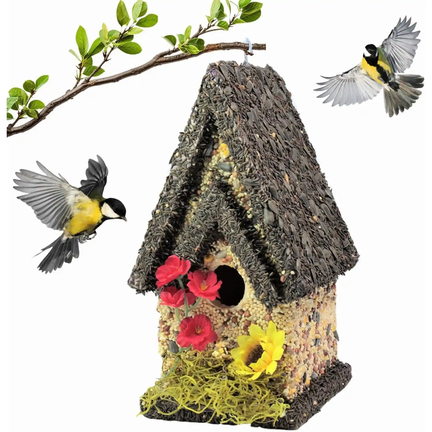 edible birdhouse covered in bird seed