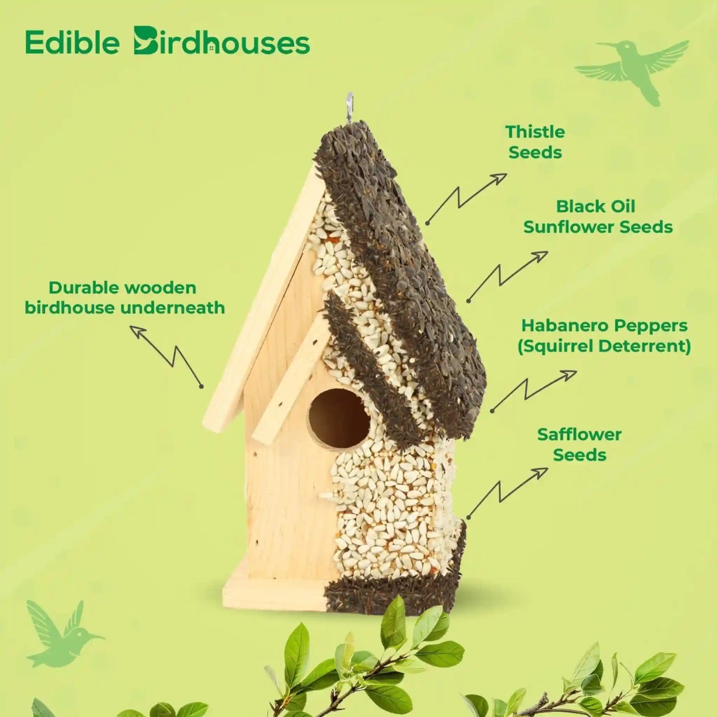 Eco-friendly wooden birdhouse covered in bird seed and coated in squirrel-resistant spicy seed