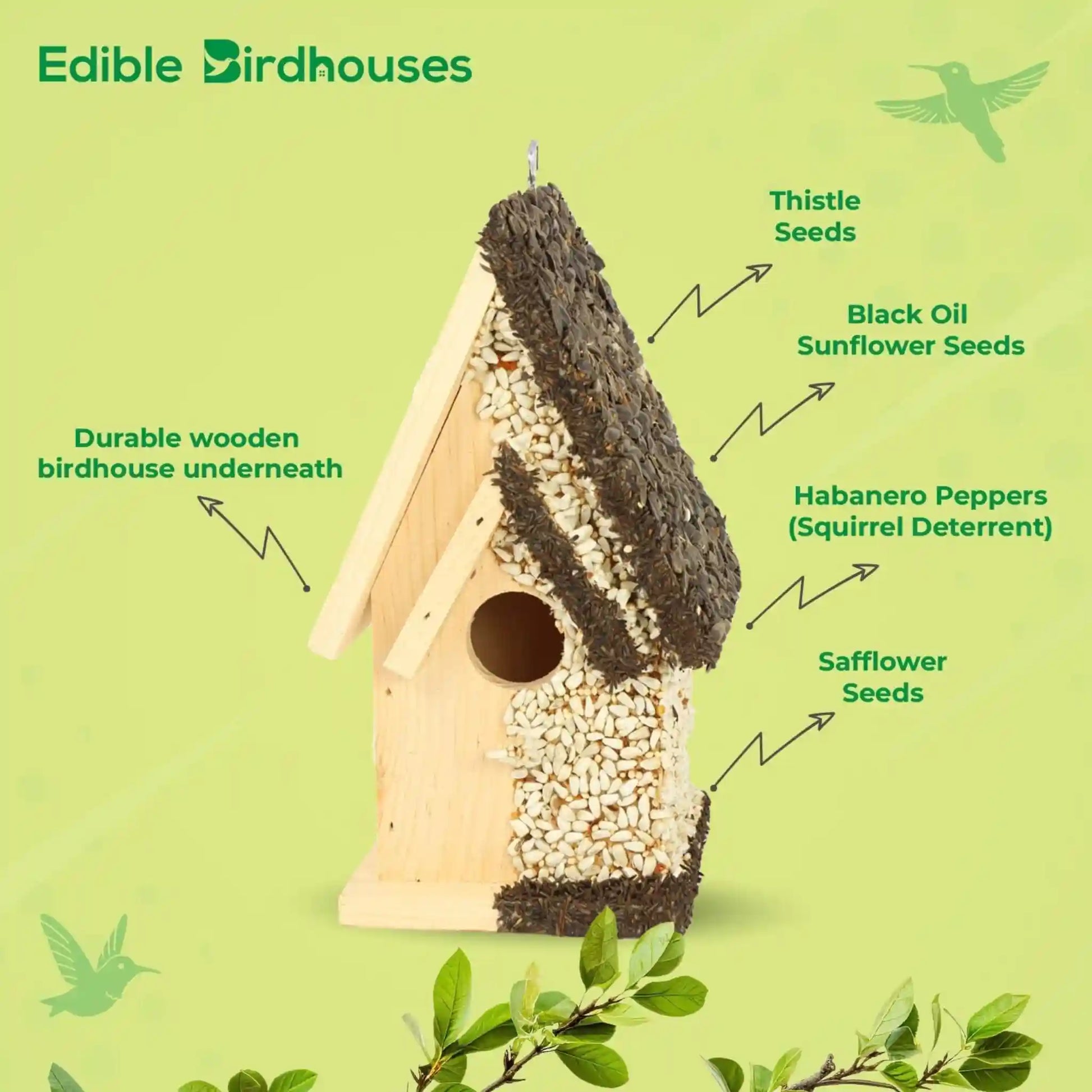 Eco-friendly wooden birdhouse covered in bird seed and coated in squirrel-resistant spicy seed