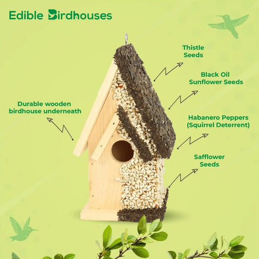 Eco-friendly wooden birdhouse covered in bird seed and coated in squirrel-resistant spicy seed
