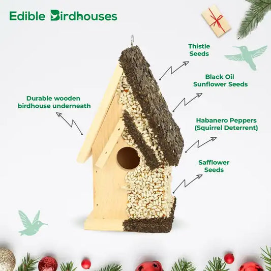 Christmas Edible Birdhouse - Dark Roof, Tall Birdhouse Covered in Bird Seeds