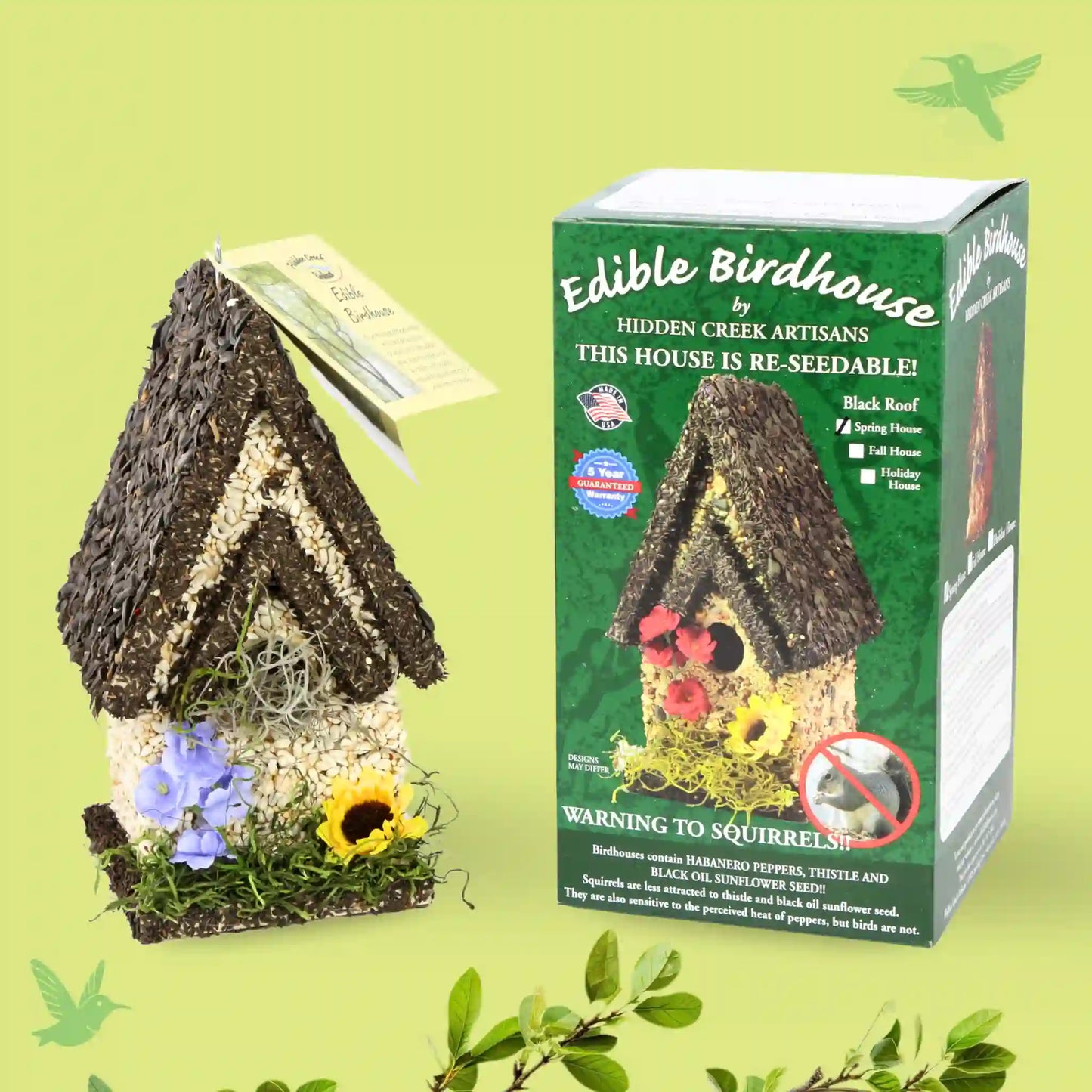 Handmade Edible Birdhouse - Dark Roof, Tall Birdhouse Covered in Bird Seeds