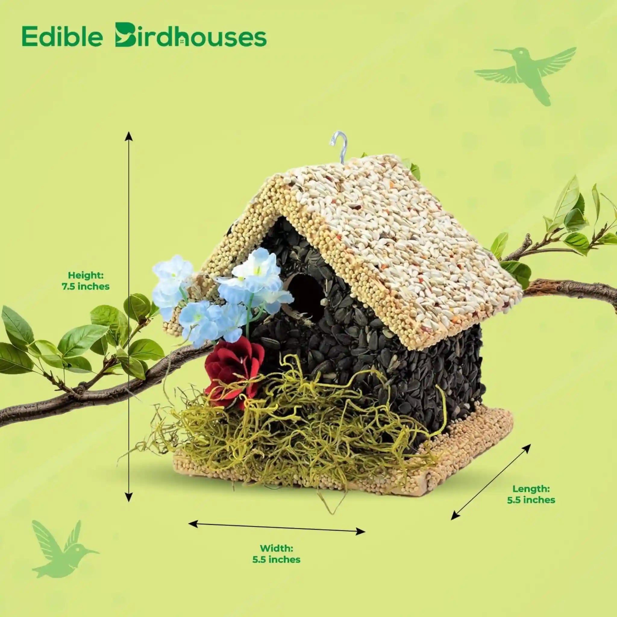 short bird house light roof covered in bird seed and decorated with flowers