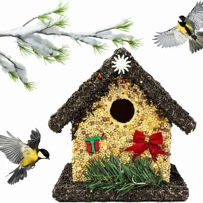 Christmas Edible Birdhouse - Dark Roof, Short Birdhouse Covered in Bird Seeds