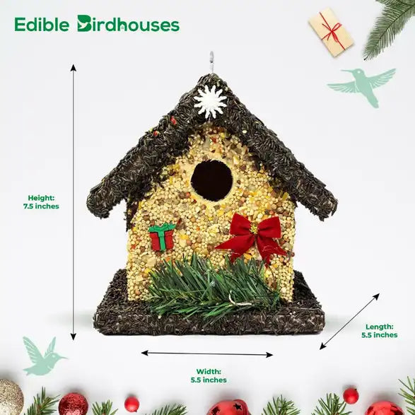 Christmas Edible Birdhouse - Dark Roof, Short Birdhouse Covered in Bird Seeds