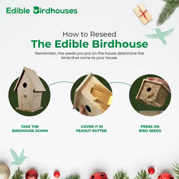 Christmas Edible Birdhouse - Dark Roof, Short Birdhouse Covered in Bird Seeds