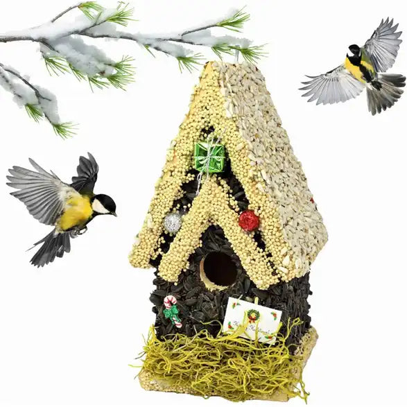Christmas Edible Birdhouse - Light Roof, Tall Birdhouse Covered in Bird Seeds