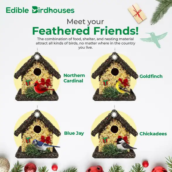 Christmas Edible Birdhouse - Dark Roof, Short Birdhouse Covered in Bird Seeds