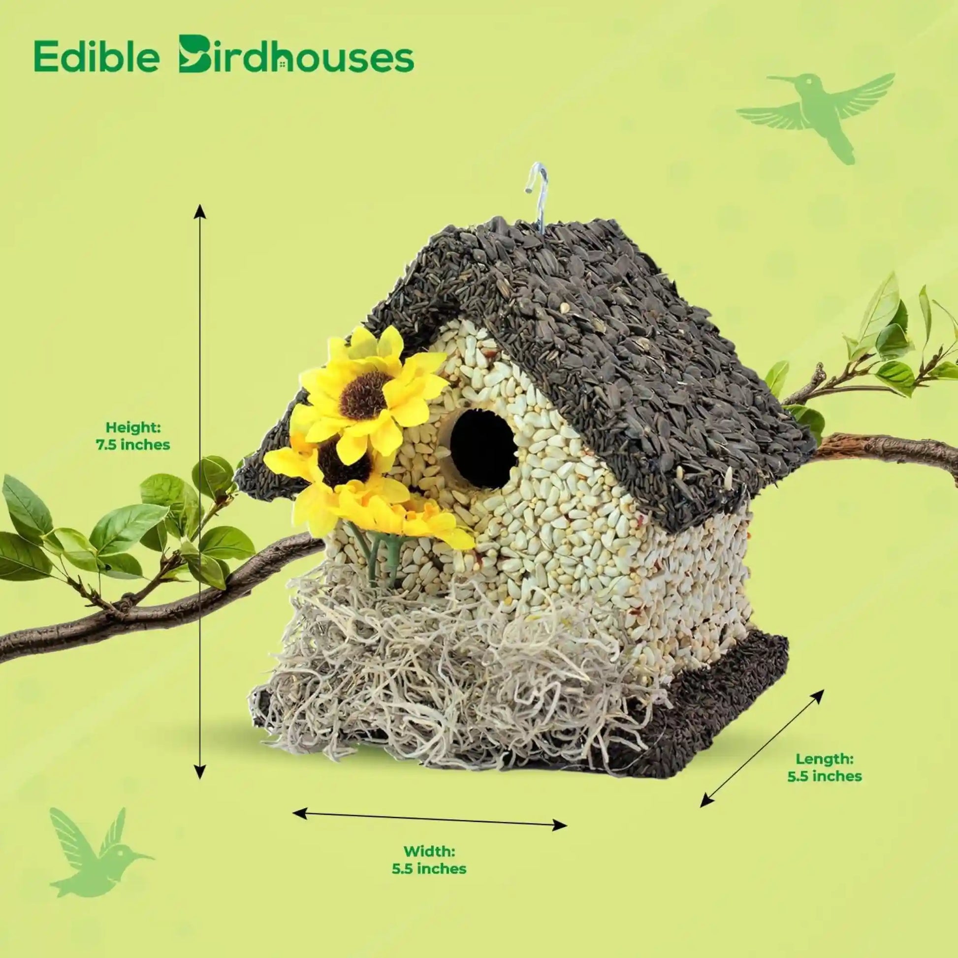 short bird house dark roof covered in bird seed and decorated with flowers