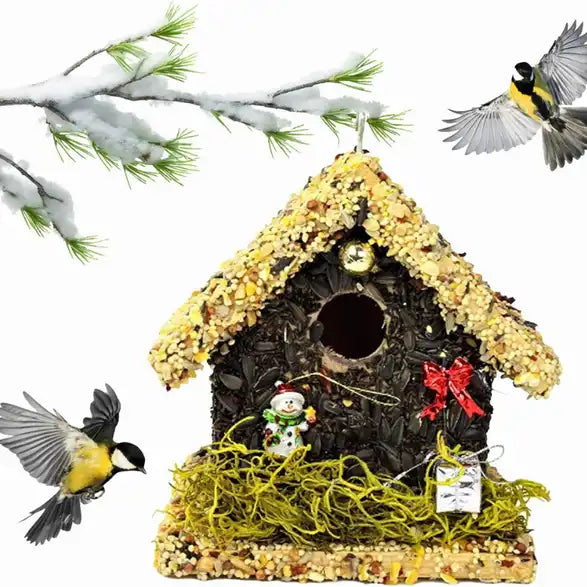 Christmas Edible Birdhouse - Light Roof, Short Birdhouse Covered in Bird Seeds