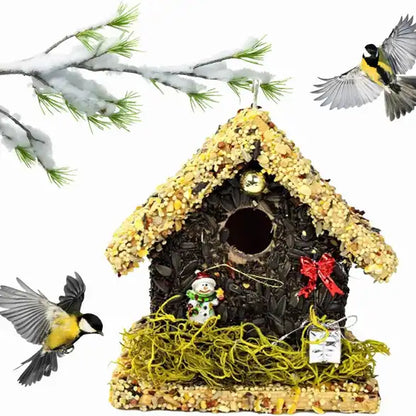Christmas Edible Birdhouse - Light Roof, Short Birdhouse Covered in Bird Seeds