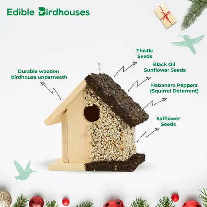 Christmas Edible Birdhouse - Light Roof, Short Birdhouse Covered in Bird Seeds