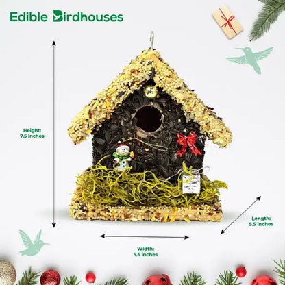 Christmas Edible Birdhouse - Light Roof, Short Birdhouse Covered in Bird Seeds