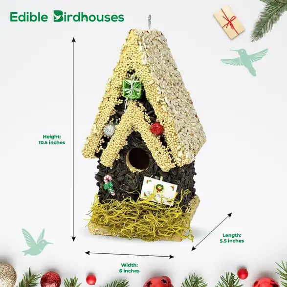 Christmas Edible Birdhouse - Light Roof, Tall Birdhouse Covered in Bird Seeds