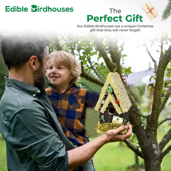 Christmas Edible Birdhouse - Light Roof, Tall Birdhouse Covered in Bird Seeds