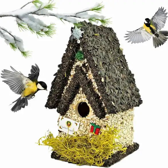 Christmas Edible Birdhouse - Dark Roof, Tall Birdhouse Covered in Bird Seeds