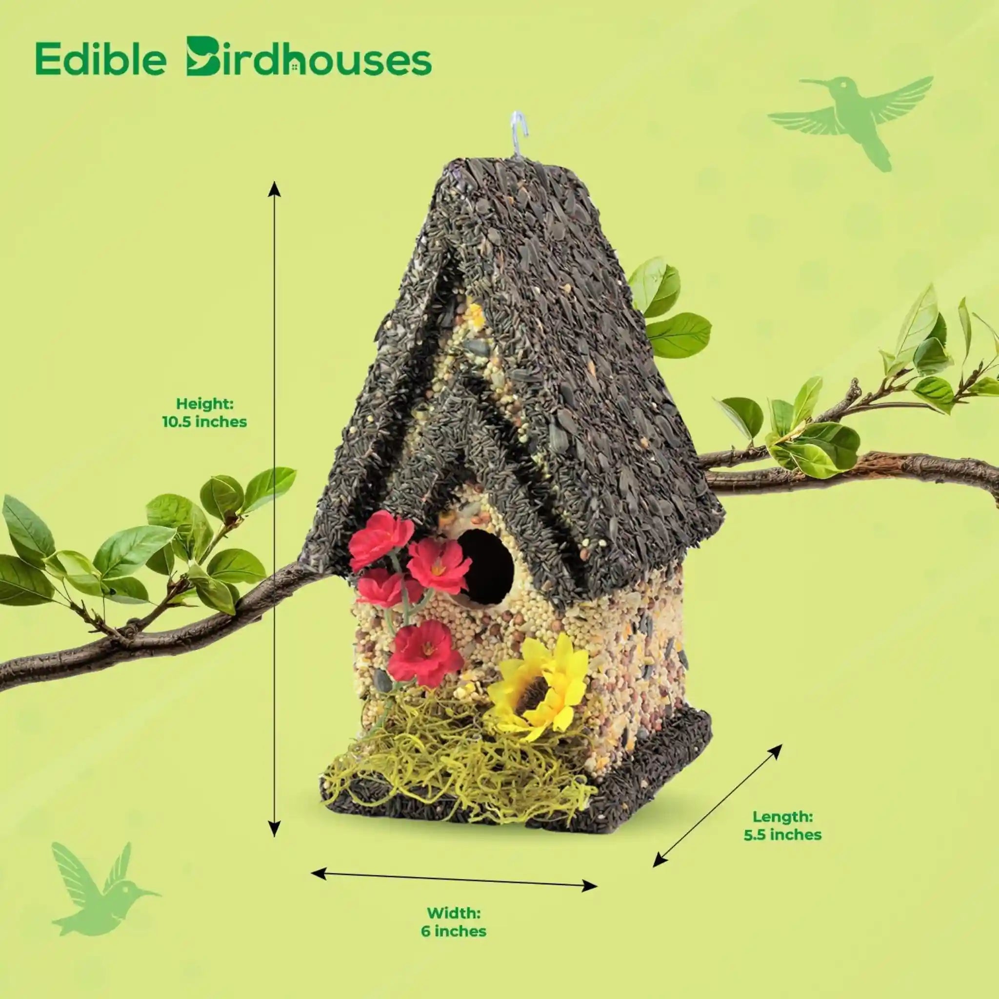Tall bird house dark roof covered in bird seed and decorated with flowers