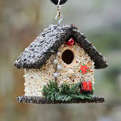 Christmas Edible Birdhouse - Dark Roof, Short Birdhouse Covered in Bird Seeds