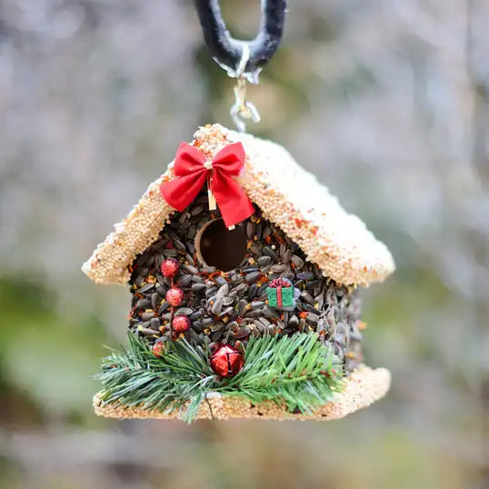 Christmas Edible Birdhouse - Light Roof, Short Birdhouse Covered in Bird Seeds